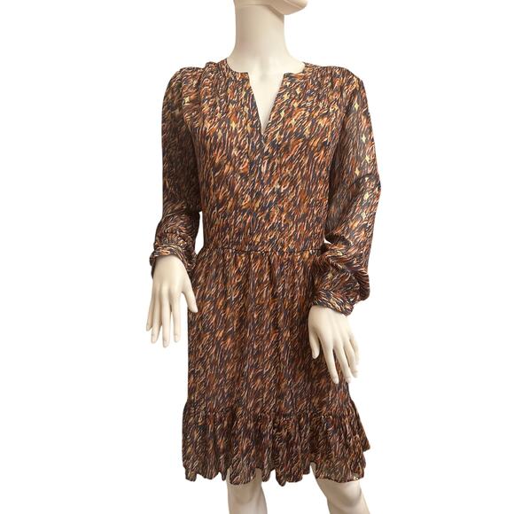 Vince Camuto Brown and Gold Long Sleeved Split Neck Mini Dress Large - Picture 3 of 9